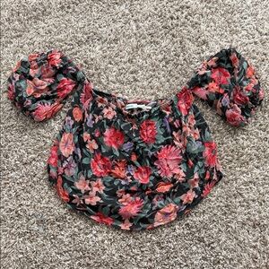 Kimchi Blue Black Off-Shoulder Crop Top with Red & Pink Floral Print